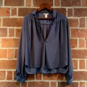 H&M Womens Blue White Polka Dot Top Button Up Collared Blouse Long Sleeve Shirt